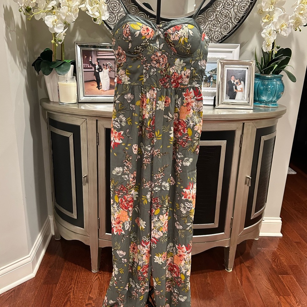 Strapless Floral Jumpsuit in Olive Green